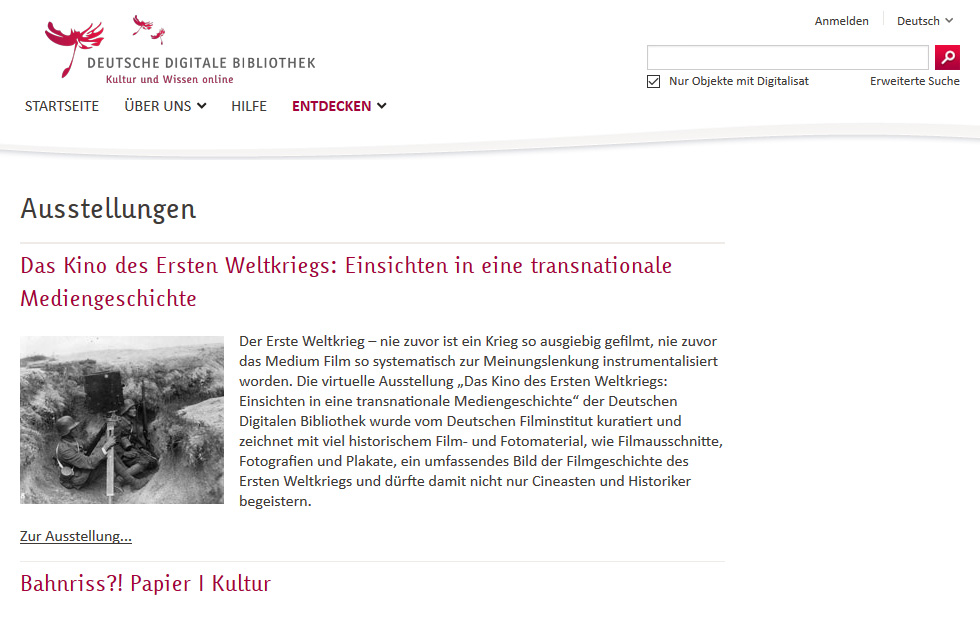 Abb. A.1 Die Liste der virtuellen Ausstellungen der Deutschen Digitalen Bibliothek; <a href="https://www.deutsche-digitale-bibliothek.de/content/ausstellungen" title="Link zur Ausstellung, aus der der Screenshot entnommen wurde" target="_blank">Quelle Screenshot</a>